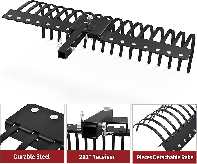 YITAMOTOR 48" Tow Behind Landscape Rake, 2" Receiver Lown Dethatcher Rack with 17 Steel Tines for ATV/UTV & 3-Point Hitch Systems Tractor, for Leaves, Debris, Grass, Pine Needles