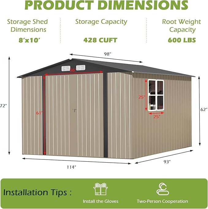 8×10 FT Metal Tool Storage Shed with Window, Weather Resistant Outdoor Storage Shed with Lockable Double Doors for Backyard, Patio Lawn, Garden