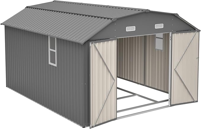 10×12 FT Outdoor Storage Shed,Heavy-Duty Metal Shed with Floor Base,All Weather Waterproof Tool Shed W/Diamond Roof & Windows,Lockable Double Door & 4 Air Vents,for Backyard,Patio,Lawn,Gray