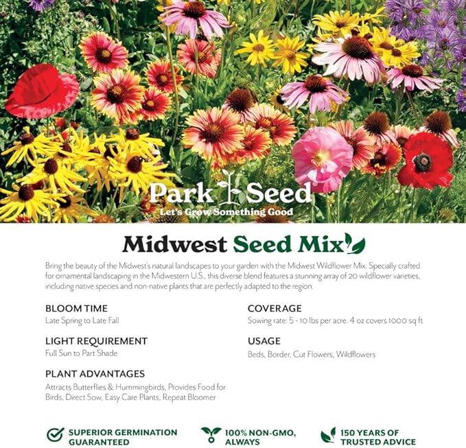 Park Seed Grow Your Own Vibrant Annual and Perennial Wildflower Garden Seeds Mixture, Easy to Grow Varieties for Pollinators and Spring Gardens - Midwest Regional Mix, 50 lbs