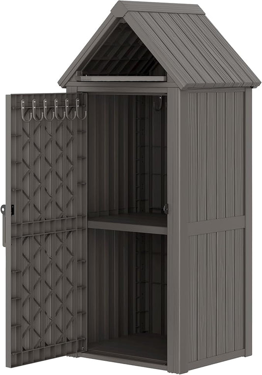 Outdoor Storage Shed with Door & Shelf, Large Capacity Weatherproof Garden Tool Cabinet with Multiple Hooks for Backyard, Patio, Lawn（Gray