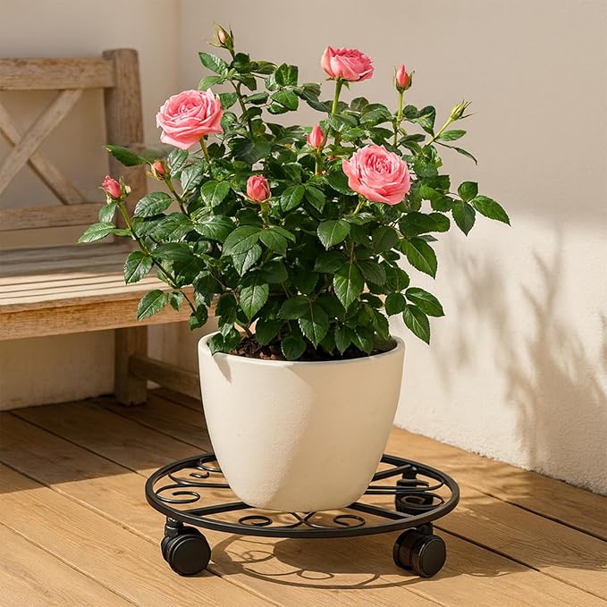 5 Pack Plant Caddy with Wheels Heavy Duty 13.5 Inch Metal Plant Stand on Wheels Plant dolly Rolling Stand Plant Roller with Casters for Indoor and Outdoor with 5 Pack Plastic Saucers, Black