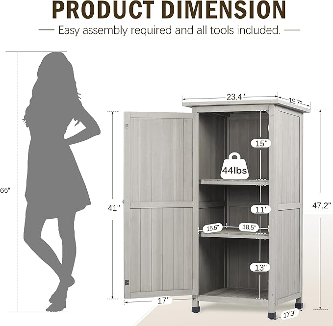 Wooden Outdoor Storage Cabinet, Vertical Garden Tool Shed with Waterproof Metal Roof & 2 Adjustable Shelves Ideal for Yard, Patio, Deck and Porch (Gray, 20" x 24" x 48")