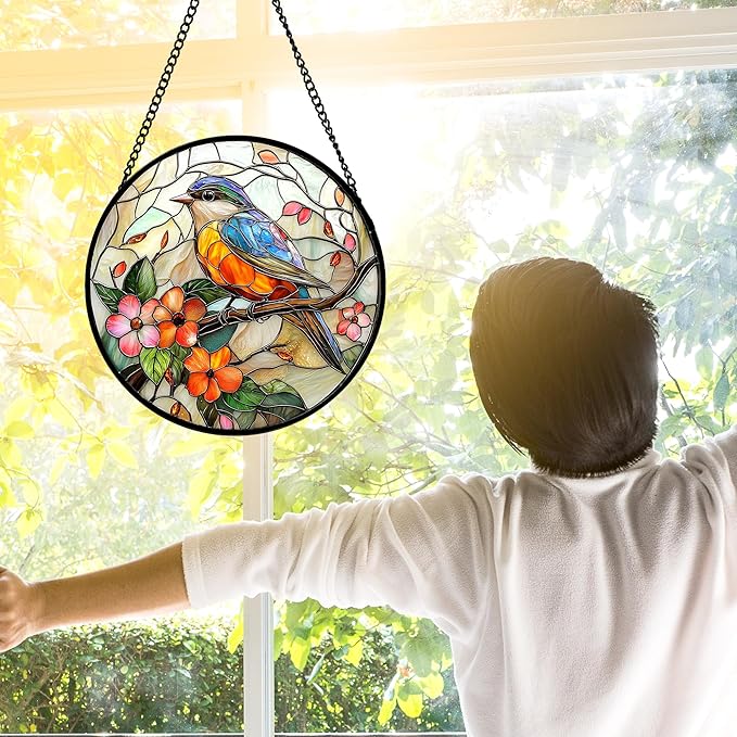 Stained Glass Window Hanging, Blue Bird Pink Flower Suncatcher Diamond Glass Panel Bird Sun Catchers Decor for Birthday for Women, Men, Wife, Aunt, and Mom 6.3 in