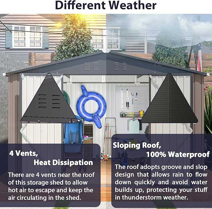 Favfurish Outdoor Storage Shed 10 x 10 FT,Heavy Duty Tool Sheds Metal Storage Garden Shed with Sloped Roof and Lockable Doors,Large Metal Storage Sheds for Backyard Patio Lawn, Brow