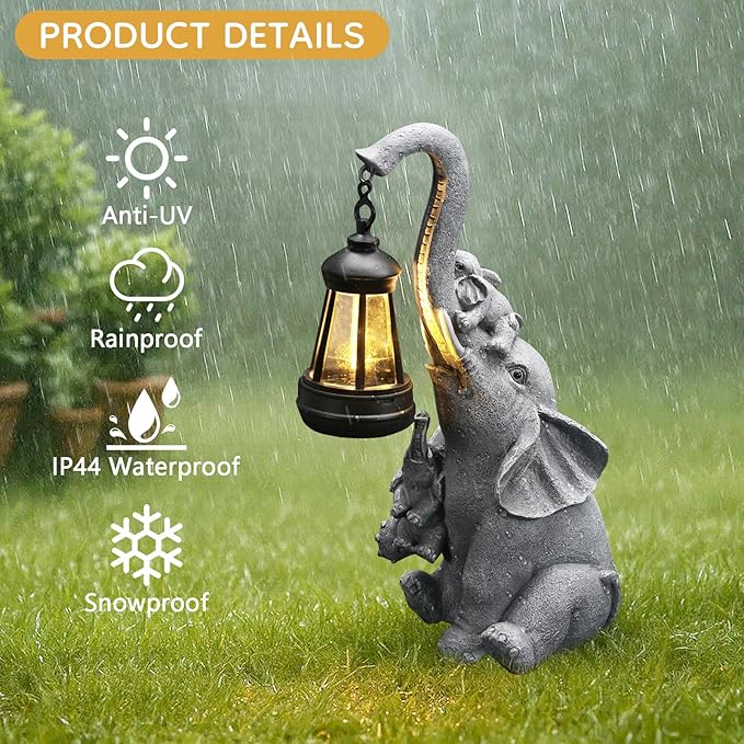 Solar Outdoor Garden Decor, Elephant Statue with Lantern for Patio, Yard Ornament and Lawn Decoration, Birthday Housewarming Gift for Mom, Wife, Gardeners