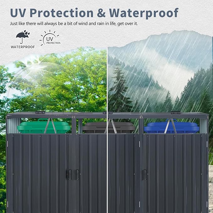 Garbage Bin Storage Shed for 3 Trash Cans Outdoor Metal Enclosure Charcoal Galvanized Steel Garbage Can Holder Concealer Hide Utility Bin Shelter Garden Yard Lawn