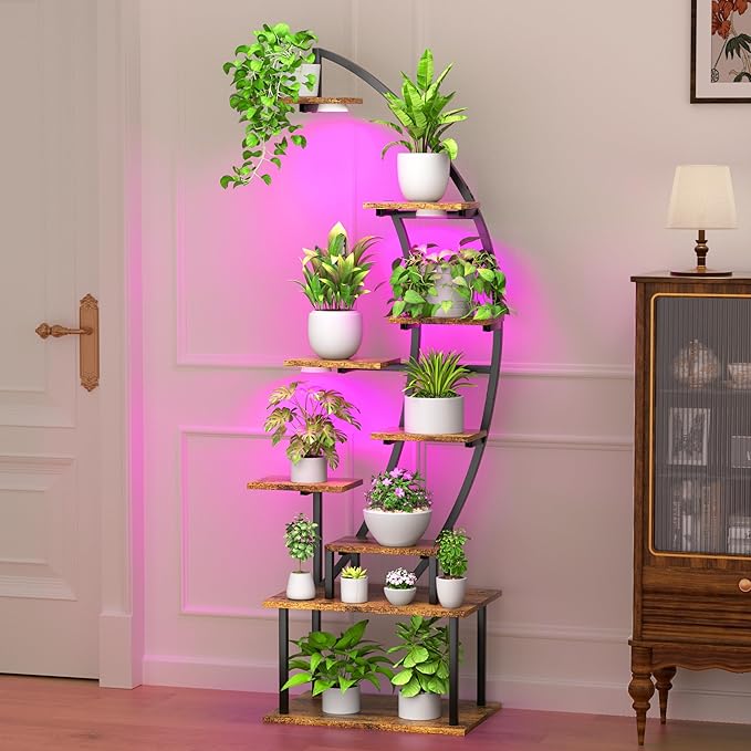 Plant Stand Indoor with Grow Lights, 9 Tier 63" Metal Plant Shelf for Multiple Plants, Tall Lighted Plant Shelves Corner Flower Holder, Half Curved Shape Plant Display Rack for Home Living Room Patio