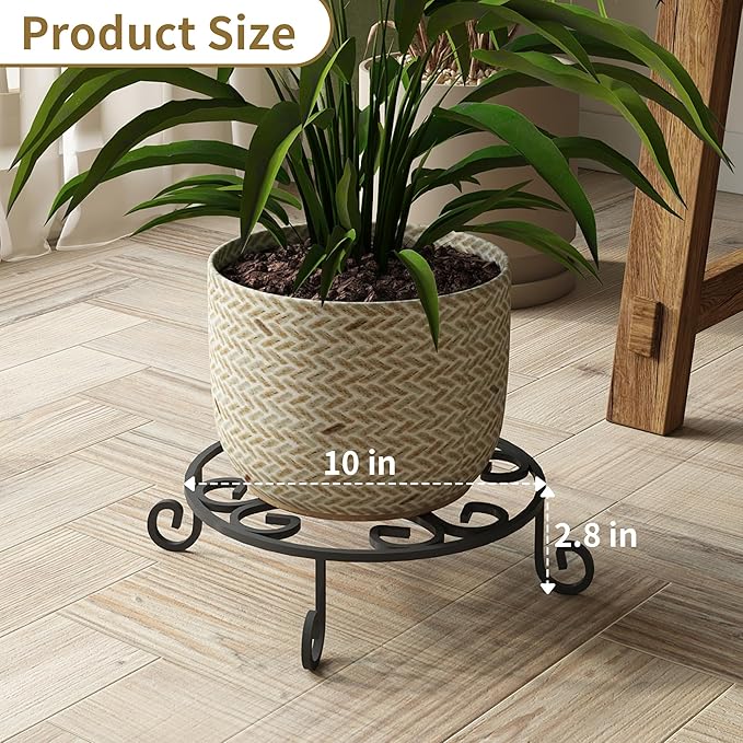 2 Pack 10” Diameter Metal Outdoor Plant Stand Indoor, Black Heavy Duty Potted Holder, Round Anti-Rust Wrought Iron Flower Planter Pot Display Stands for Home Garden