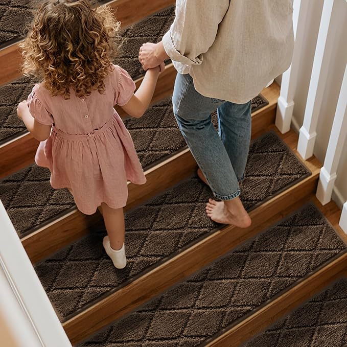 JOENIE Non-Slip Edging Stair Treads Carpet Mat 30inX8in Indoor Stair Runners for Wooden Steps, Edging Stair Rugs for Kids and Dogs, 100% Polyester TPR Backing (Brown, 12pc)