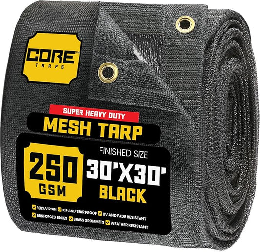 Core Tarps 60% Black Shade Cloth with Grommets - 30 X 30 FT Heavy Duty Mesh Tarp - Sun Shade Cloth for Garden Vegetables Plants Greenhouse Outdoors Backyard Fences Dump Trucks Patio Mesh Shade Tarp