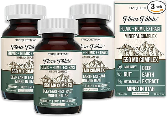 Flora Fulvic | Fulvic Acid + Humic Acid Complex – 550 mg |Mined in Utah, Prehistoric Deep Earth Extract | Immunity, Gut, Digestion – Natural Trace Mineral Complex, Fulvic Acid Supplement – 3-Pack