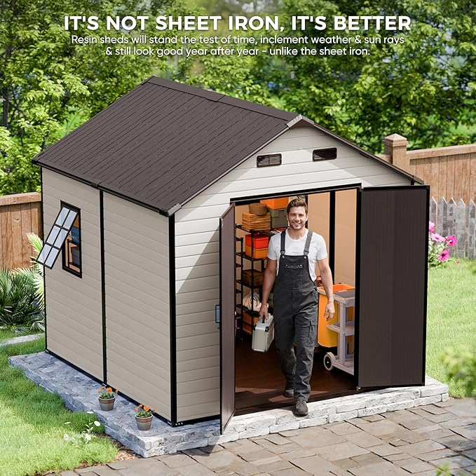 CDCASA 8x8 FT Resin Storage Shed, Waterproof Outside Plastic Storage Sheds with Floor, Adjustable Openable Windows, Lockable Door for Garden Patio Lawn, Brown & Beige
