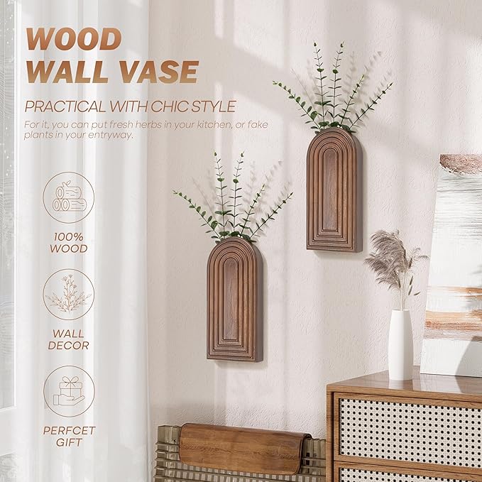 EOSAHR Pine Wood Set of 2 Wall Vases for Indoor Plants & Flowers – Farmhouse Wall Art for Living Room, Office and Home Decor – Hanging Planters with Boho Decor for Fake Plants (Brown)