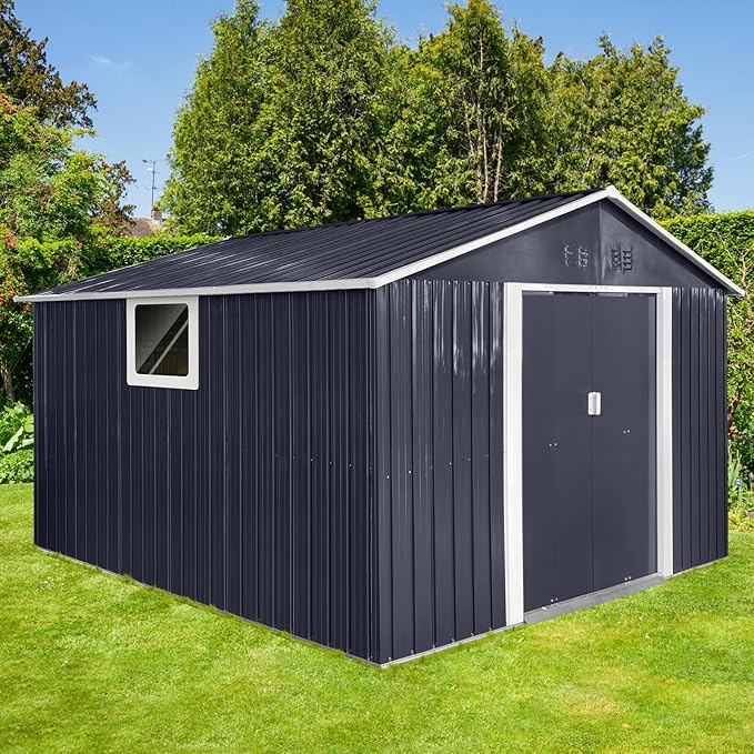 11.2x10.6 FT Outdoor Storage Shed Galvanized Metal Tool Shed with Window and Sliding Door,Waterproof Garden House w/Punched Vents & Locks,for Patio,Lawn,Backyard,Grey