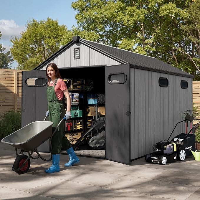 CRESTLIVE 8x12 FT Rust-Resistant Plastic Outdoor Storage Shed, Waterproof Resin Garden Shed with Floor, Doors, Skylight & Vent for Lawn Tools & Bikes