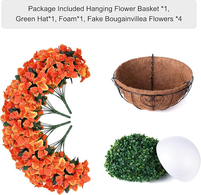 Artificial Faux Hanging Flowers Plants Baskets for Outdoors Spring Decoration, Fake Silk Bougainvillea Flowers in Planter Look Real UV Resistant Faux Flower for Outside Porch Patio Garden Yard Home