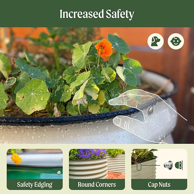 17" Tall Herb Raised Garden Bed for Basil Lavender Sages, 24" Wide Round Fruit Tomato Planter Box for Gardening Blueberries Figs, Flower Metal Pot Container for Rose, Twin Pack, Olive Green