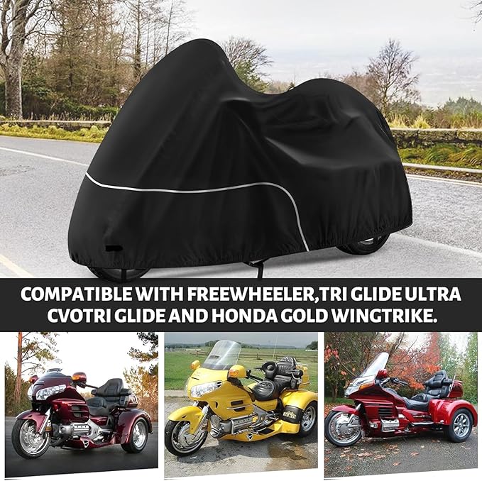 Trike Cover, Waterproof 3 Wheel Motorcycle Cover for Harley Davidson, Honda Goldwing, Kawasaki Trike Accessories, with Windproof Buckle, Reflective Strap, Black