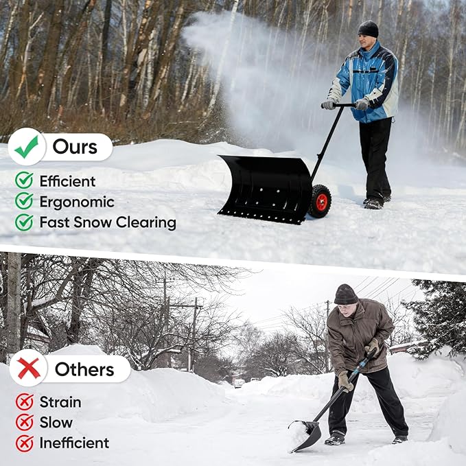 EAGLE PEAK Wheeled Snow Shovel for Driveway, Personal Snow Pusher with Wheels, Adjustable Plow Angle, Ergonomic Handle, Heavy Duty 29.1”x16.5” Blade, Single Rod Plow Shovel, Black