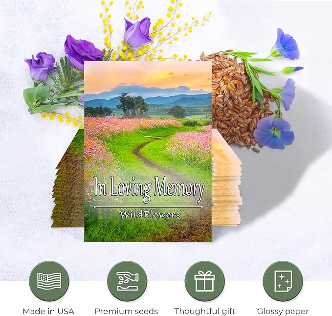 Pack of 20 Pre-Filled Seed Mix Packet Wildflowers Plant for Funerals, Memorial Services in Loving Memory Flower Path Also Serves Thank You Celebration of Life Favors Plant Seeds Year-Round