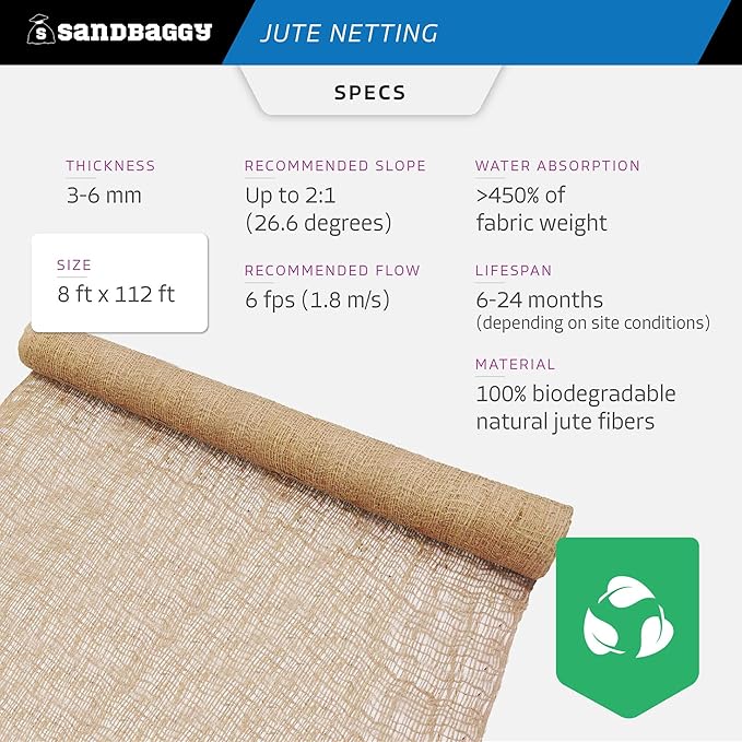 Sandbaggy Jute Netting Roll, 8 ft x 112ft - Biodegradable Erosion Control Blanket for Slopes, Hills & Drainage, Eco-Friendly, Durable Soil Stabilizer, Contractor-Approved for Landscaping (5 Rolls)