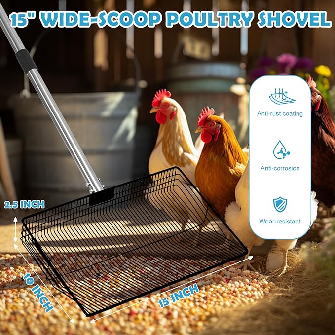 15inch Large Chicken Coop Scooper,Telescoping Chicken Manure Scraper With 38 to 64" Stainless Steel Handle, Adjustable Chicken Shovel For Poultry Rake,Chicken Coop Rake, Chicken Poop Scooper For Sand