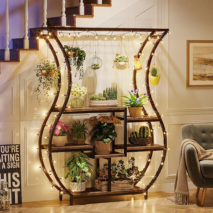 Tribesigns 6-Tier Plant Stand, 70.9 Inch Tall Plant Shelf with 10 Hanging Hooks, Vase Shape Ladder Plant Stand, Multi-Purpose Plant Display Rack for Indoor, Balcony, Living Room, Brown and Black
