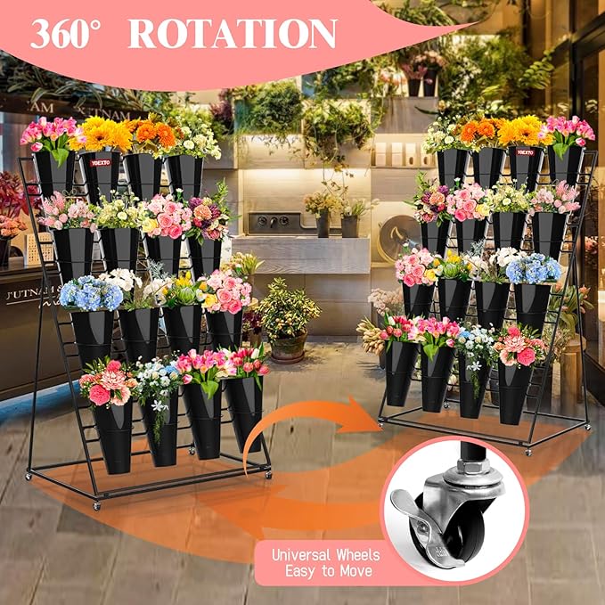 Flower Display Stand with Buckets, 4 Layers 16 PCS Buckets Plant Stand with Wheels, Movable Metal Plant Stand for Terrace Garden, Living Room, Florist Shop (Black Frame - Black Buckets, 4-Tier)