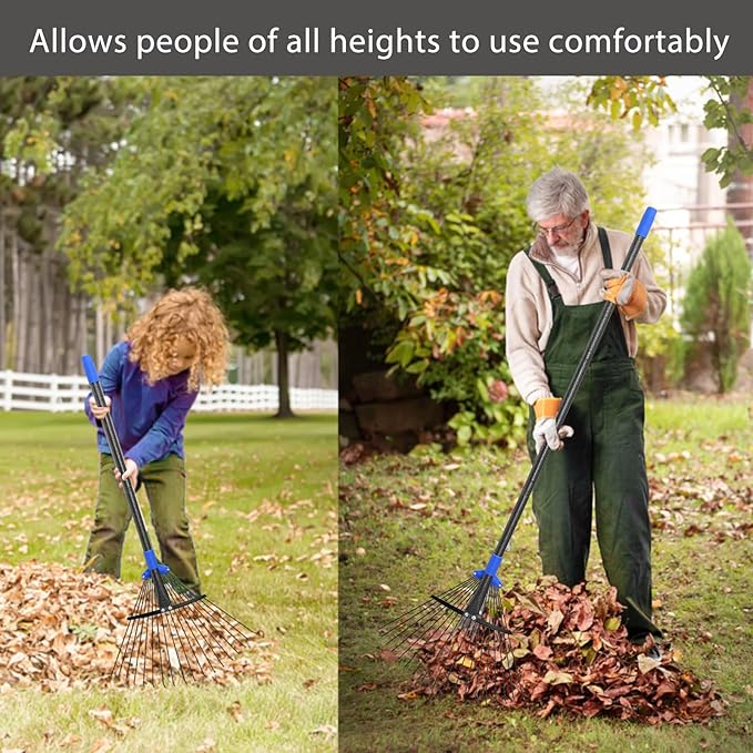 Adjustable Leaf Rake for Leaves with 32 Gallon Lawn and Leaf Bags & Leaf Scoops, Adult Kids Lawn Shrub Yard Landscape Garden Metal Rake with Expandable Head 8-17" Long Handle 30-60"