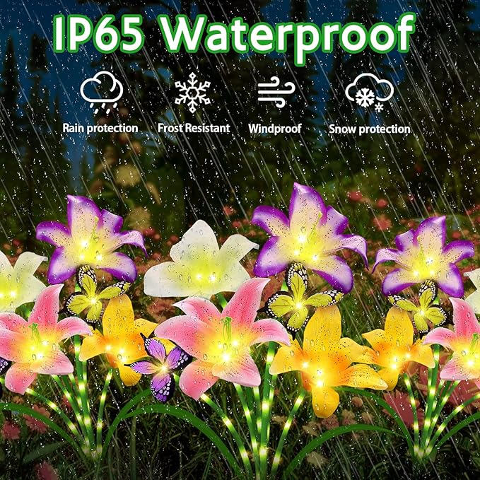 Solar Garden Lights 6 Pack 24 Lily Flowers with Butterfly Decor, Christmas Birthday Gifts Solar Flower Lights for Outside,Cemetery Flowers for Grave - Decorative Lilies for Yard, Patio, Pathway