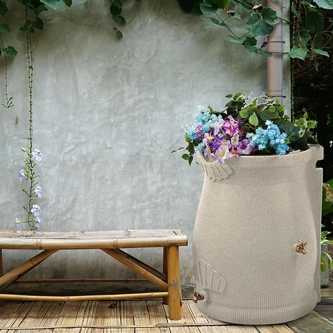 Good Ideas Rain Wizard 50 Gallon Rain Saver Barrel Water Storage Urn with Planter Space and 2 Brass Spigots, Sandstone (2 Pack)