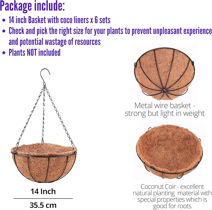 LaLaGreen Hanging Baskets for Outdoor Plants(6 Pack, 14 Inch) Large Hanging Planter with Coco Liner Round Flower Pots, Black Metal Wire Plant Holder Hook Hanger Deck Porch Modern Garden Balcony Decor