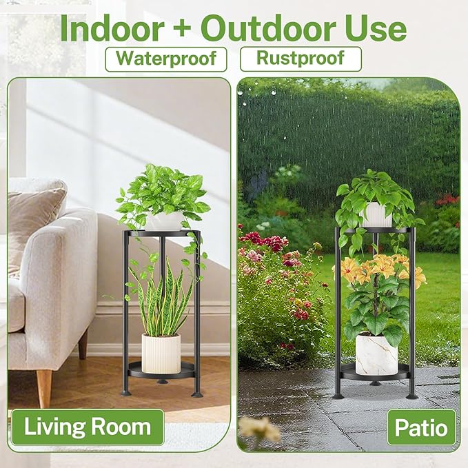 iDavosic.ly 2 Tier Plant Stand Indoor with 10 Inch Wide Tray, Vertical Corner Metal Outdoor Flower Display Holder Shelf, Folding Tall Rack for Patio Porch Living Room, Modern Black