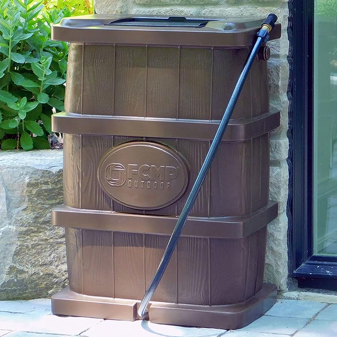 FCMP Outdoor Slim Line Design 45-Gallon Wood Grain Outdoor Home Rain Water Catcher Barrel Flat Back Container with Spigots and Mesh Screen, Brown