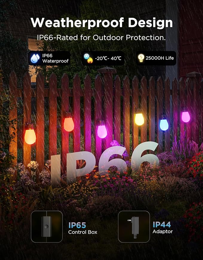 Govee S14 Bulb Outdoor String Lights 2, 48ft Smart RGBIC Warm White Patio Lights with 15 LED Bulbs, 111 Scene Modes for Outdoor Decor, Works with Alexa, Google, Matter, APP Control, IP66 Waterproof