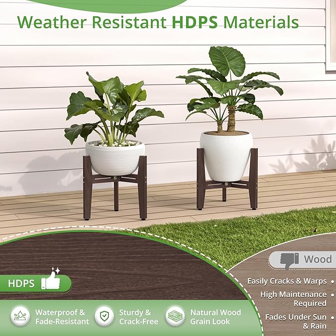 LUE BONA HDPS Plant Stand Indoor Outdoor, Adjustable Mid Century Modern Stand for Plants 8-12 Inch Pots, Coffee Brown
