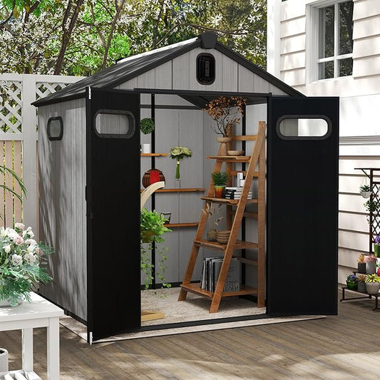 Domi 6x6Ft Resin Outdoor Storage Shed, Small Plastic Garden Shed with Carpet, Outside Weatherproof Storage Building for Tools, Bike, Lawn Mower, Patio, Backyard