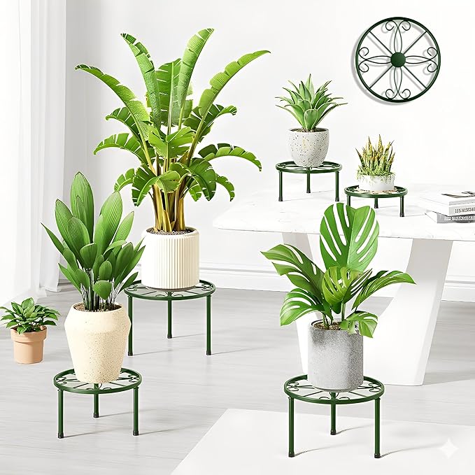 5 Pack Potted Plant Stands,Metal Flower Pot Stand,Heavy Duty Plant Pot Shelf for Multiple Plant,Rustproof Iron Round Plant Shelf for Planter Potted Plant Holder(DarkGreenS)