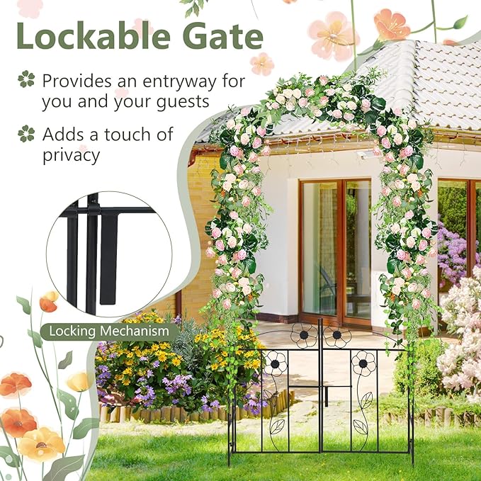 Moccha Garden Arbor, 90" Metal Arbor Trellis for Climbing Plants, Rose, Ivy, Outdoor Archway Pergola with Lockable Gate, 4 Ground Stakes, Garden Arch for Lawn Patio Bridal Party Pathway Ceremony