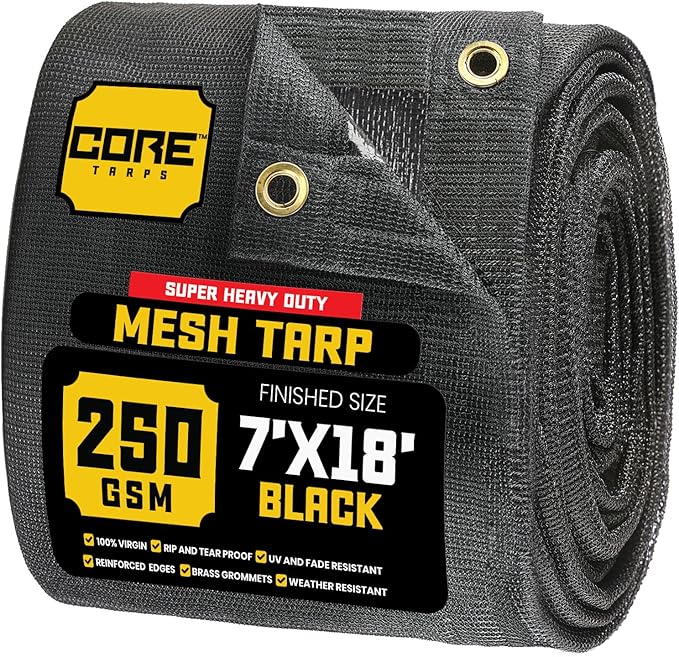 Core Tarps 60% Black Shade Cloth with Grommets - 7 X 18 FT Heavy Duty Mesh Tarp - Sun Shade Cloth for Garden Vegetables Plants Greenhouse Outdoors Backyard Fences Dump Trucks Patio Mesh Shade Tarp
