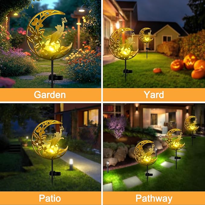 Cat Lights Outdoor Decor - Moon & Cat Sola Garden Lights Waterproof, Auto On/Off Pathway Lighting for Yard/Lawn/Patio, Handcrafted Metal Solar-Stake-Lights for Outside Decorations
