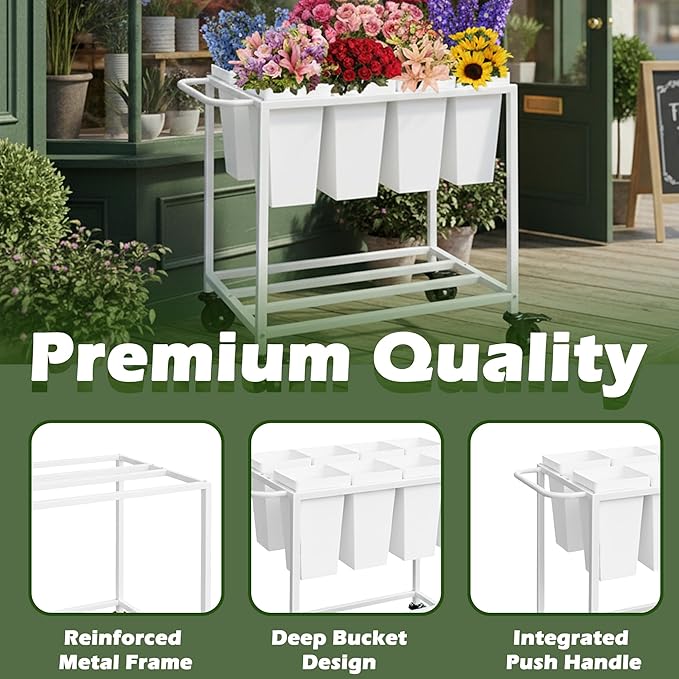 Flower Cart with 8 Buckets,Flower Cart Display Stand with Wheels,Bloom Bar,Flowers Stand for Wedding ,Party and Home Decor (White)