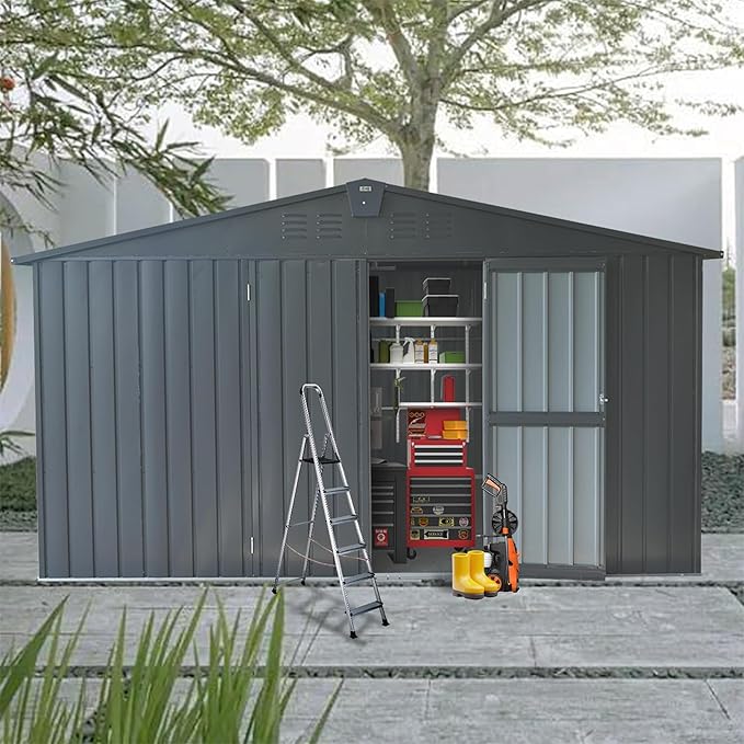 11x12.5ft Outdoor Storage Shed with Windows, Galvanized Steel Garden Shed, Lockable Double Doors and 16 Vents, Large Utility Tool Storage for Backyard Patio