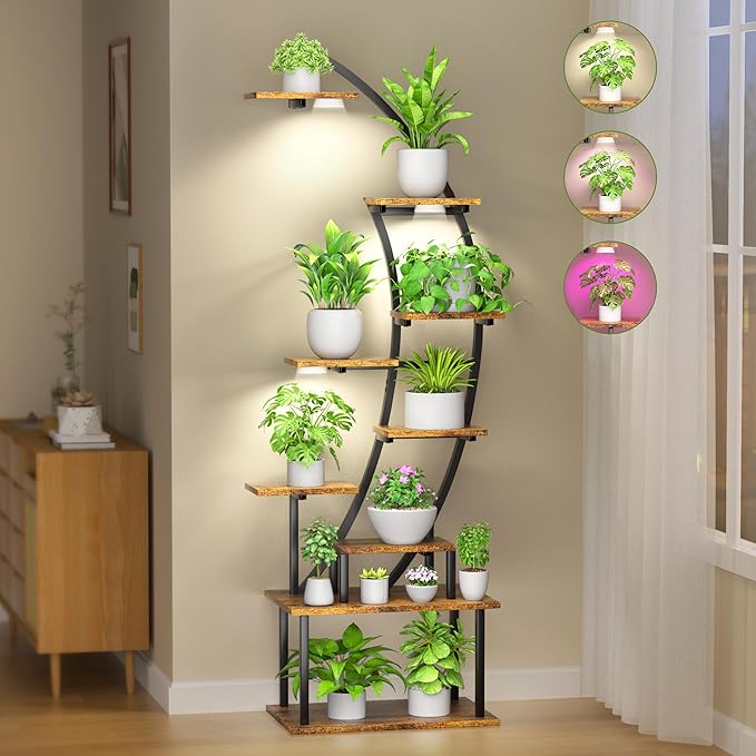 Plant Stand Indoor with Grow Lights, 9 Tier 63" Metal Plant Shelf for Multiple Plants, Tall Lighted Plant Shelves Corner Flower Holder, Half Curved Shape Plant Display Rack for Home Living Room Patio