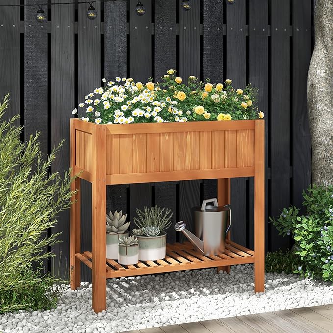 2-Tier Elevated Garden Planter Bed, Fir Raised Garden Bed Outdoor with Legs & Storage Shelf for Vegetables, Flowers & Herbs, Wooden Planter Box Raised Bed for Gardening, Balcony & Porch
