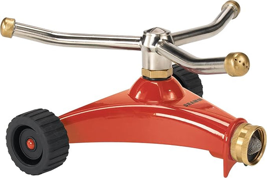 Dramm 15051 ColorStorm Premium 3-Arm Whirling Sprinkler with Heavy Duty Metal Wheeled Base, Red