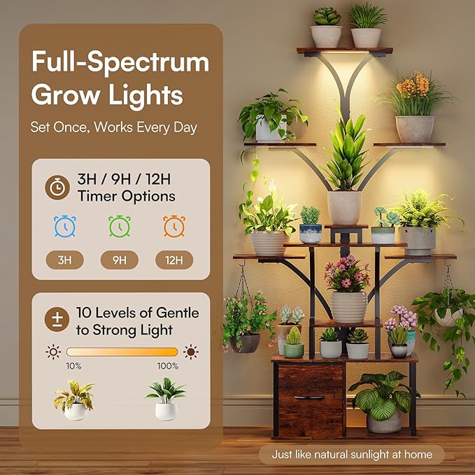Tree-shaped 63" Tall Plant Stand Indoor with Grow Light 3 Color Modes - 10 Tiered Plant Shelf with Drawer, 10 Brightness Levels, Timer, Wide Base, Lighted Corner Plant Stands for Living Room, Balcony