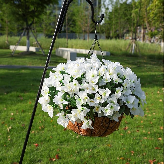 Artificial Hanging Flowers Faux Plants Basket for Outdoors Spring Summer Decor, Fake Silk Bougainvillea in Planter Outdoor Look Real UV Resistant Faux Flower for Outside Porch Patio Garden Home, White