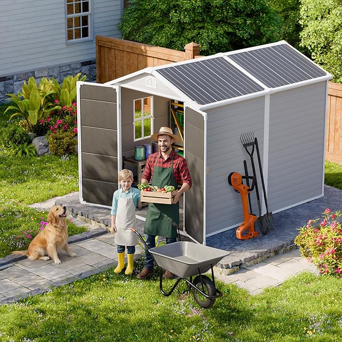 HUSFU Outdoor Resin Storage Shed 8x6 FT, Plastic Tool Shed for Bike, Garbage Can, Chicken Coop, Outside Sheds with Lockable Door for Backyard, Patio, Lawn, Light Grey